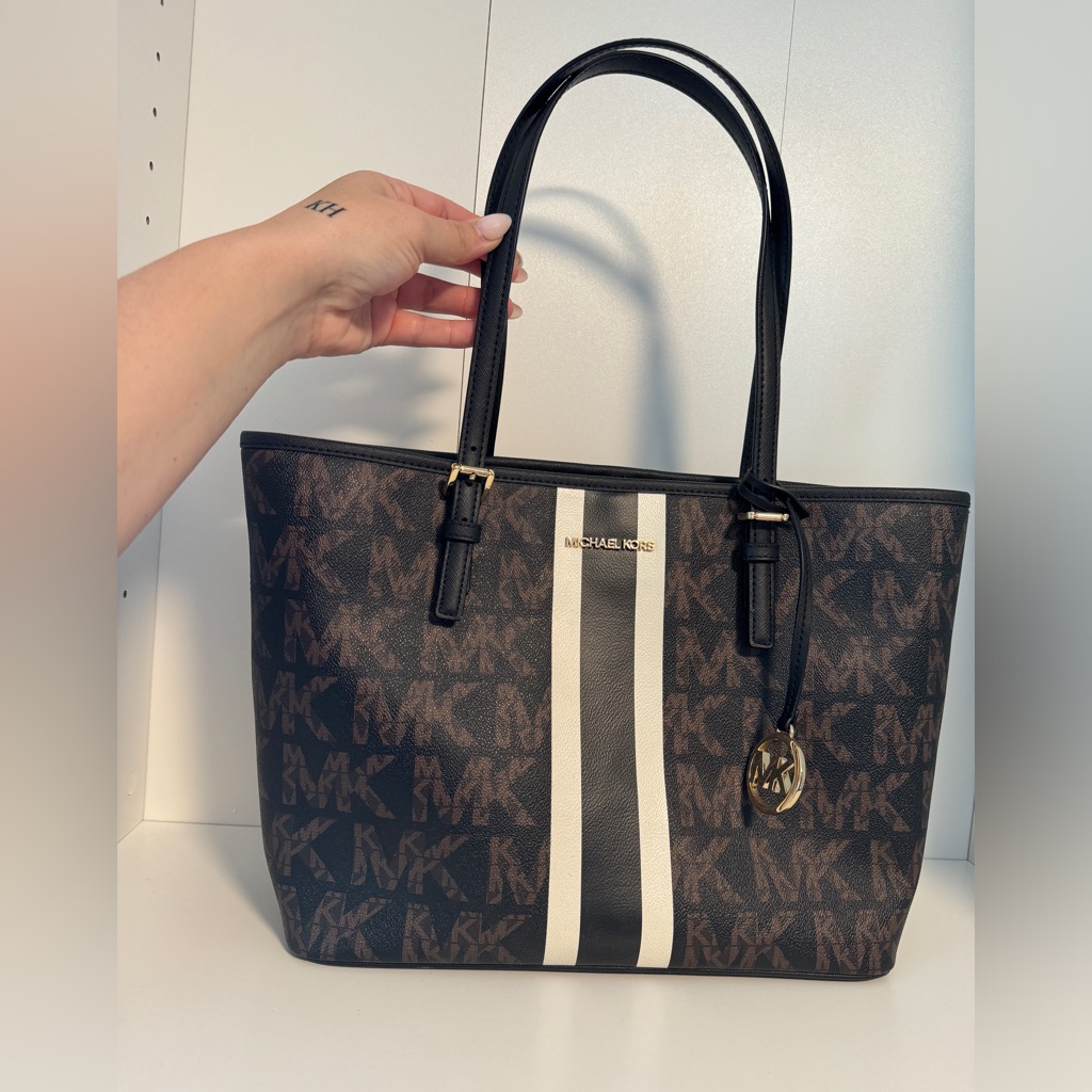 Michael Kors Black And Brown Jet Set Travel Medium Carryall Tote